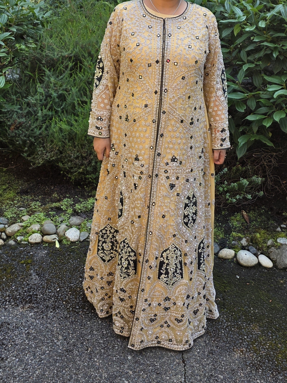 Embellished Gold Long-Sleeve Formal Anarkali Indian Dress